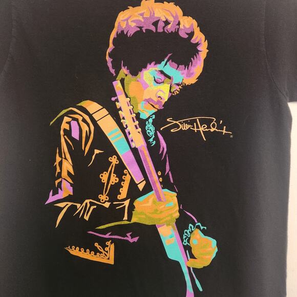 Jimmy Hendrix Black Graphic Tee Orange Green Rock Guitar Pink Men's Size Small - Picture 3 of 4